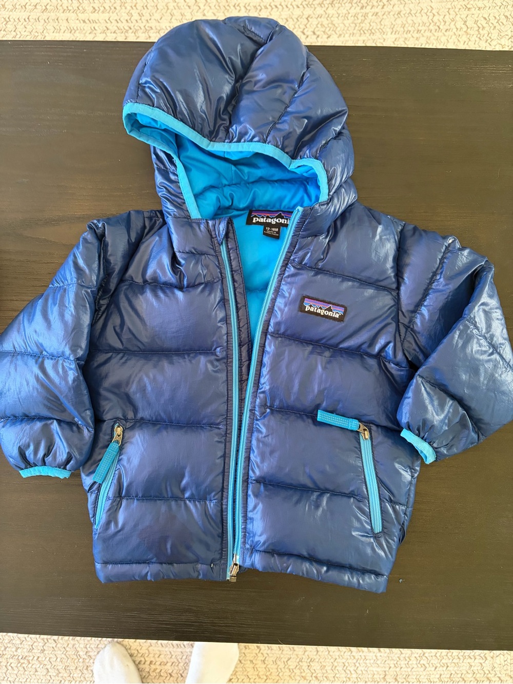 Patagonia Kids Navy Blue Puffer Jacket with Aqua Trim 12-18 Months